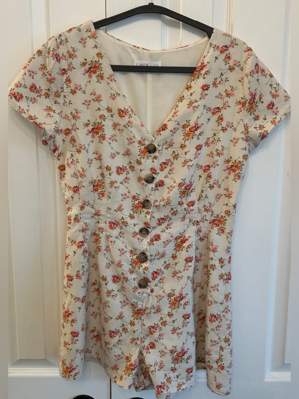 Linen Lux Floral Romper Cream Red Button Front Size S